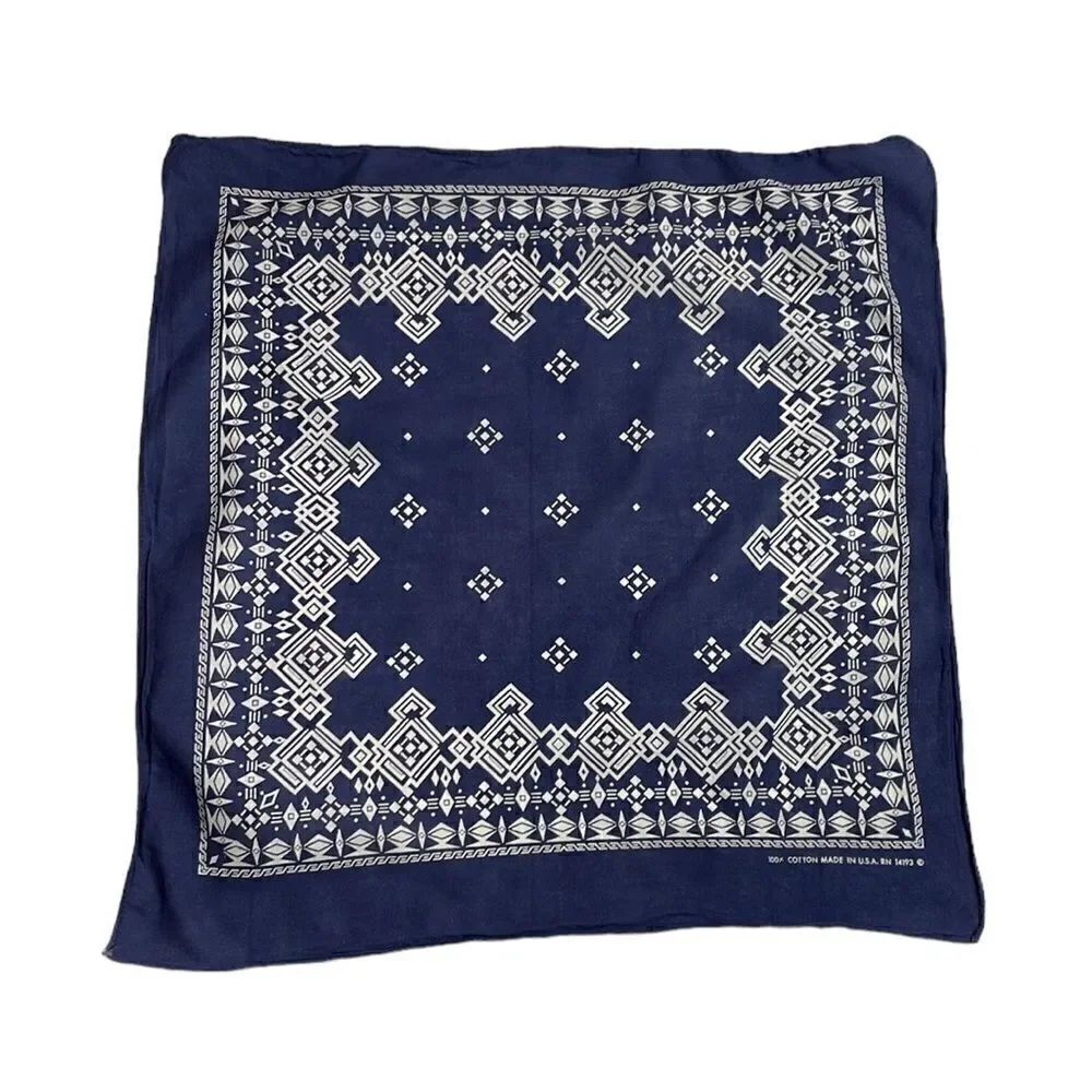 Vintage blue and white geometric print bandanna rn 14193 made in the USA